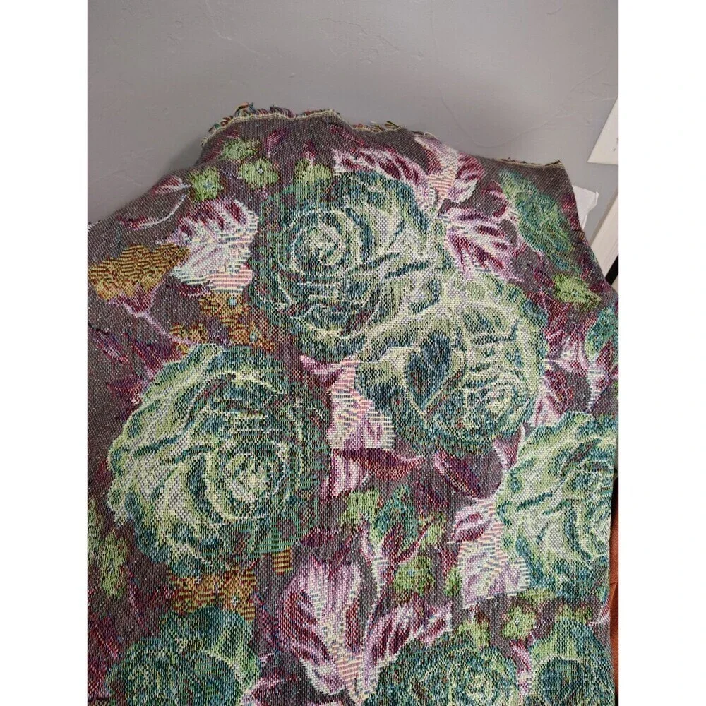 Vintage Large Floral Design Fringed Woven Citton Tapestry Throw Blanket 49x54